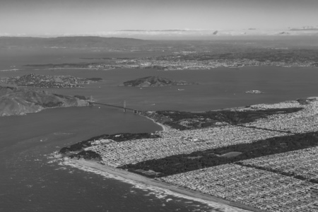 Black and white aerial view of San Francisco downtown cityscape with Mt Diablo, Californiaの写真素材