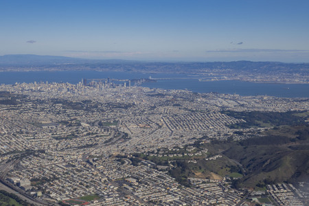 Aerial view of San Francisco downtown cityscape, Californiaの写真素材