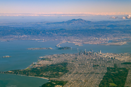 Aerial view of San Francisco downtown cityscape with Mt Diablo, Californiaの写真素材