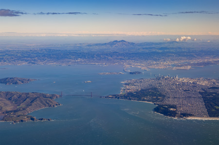 Aerial view of San Francisco downtown cityscape with Mt Diablo, Californiaの写真素材