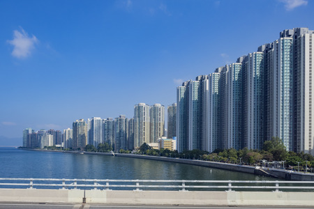 Many tall skyscraper building in Hong Kong, Chinaの写真素材