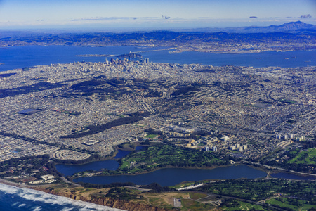 Aerial view of San Francisco downtown cityscape with Mt Diablo, Californiaの写真素材