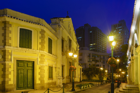 Night view of the famous chuch - Igreja de Sao Agostinho at Macau, Chinaの写真素材