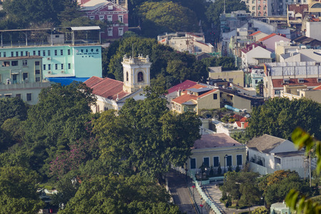 Macau, DEC 31: Aerial view of Our Lady Of Carmel Church and Taipa cityscape and school on DEC 31, 2016 at Taipa, Macau, Chinaのeditorial素材