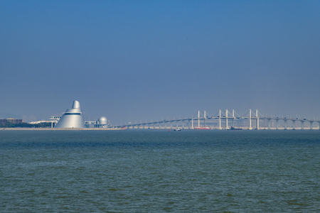 Macau, DEC 31: Morning view of Macao Science Center and Amizade Bridge on DEC 31, 2016 at Macau, Chinaのeditorial素材