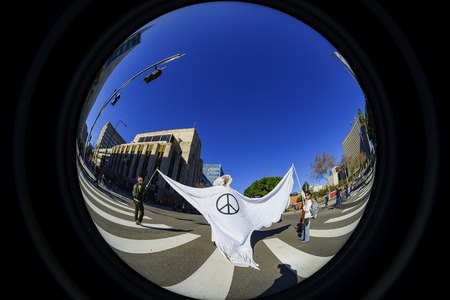 Los Angeles, JAN 21: Fisheye view of the special Women March event and Protesters on JAN 21, 2017 at Los Angeles, Californiaのeditorial素材