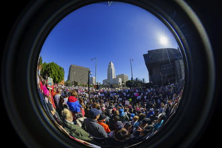 Los Angeles, JAN 21: Fisheye view of the special Women March event and Protesters on JAN 21, 2017 at Los Angeles, Californiaのeditorial素材