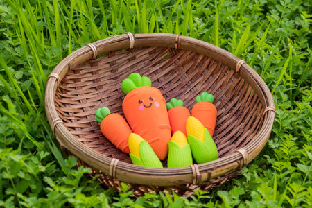 Cute carrots, corn erasers pack in the bamboo basket in home garden