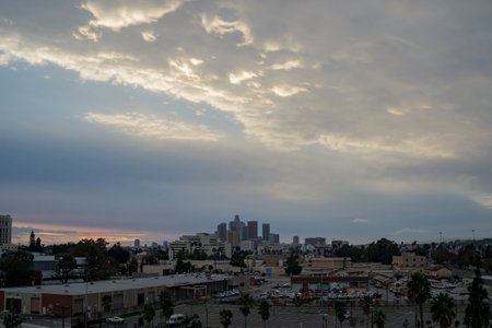 Sunset view of Los Angeles skyline with beautiful clouds