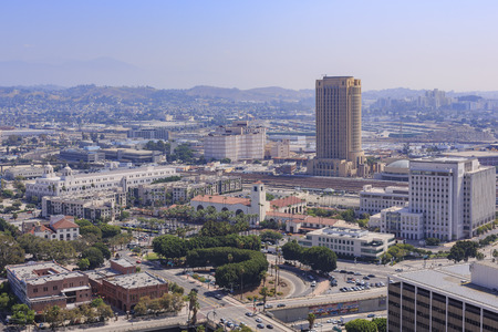 Los Angeles, AUG 23: Morning aerial view of Los Angeles cityscape with Union Station on AUG 23, 2014 at Los Angeles, Californiaのeditorial素材