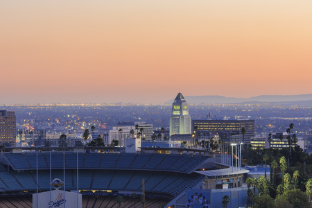 Los Angeles, NOV 20: Twilight aerial view of Los Angeles City Hall on NOV 20, 2014 at Los Angeles, Californiaのeditorial素材