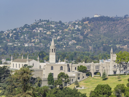 Church and tree view in Forest Lawn Memorial Park, Los Angeles, Californiaの写真素材