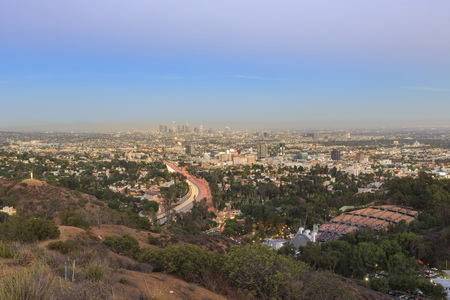 Los Angeles downtown view from top, aerial view at twilightのeditorial素材