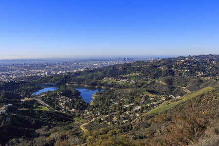Hollywood reservoir from top with blue skyの写真素材