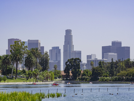 Los Angeles downtown scene by the Echo lake, Californiaの写真素材