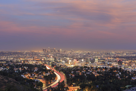 Los Angeles downtown view from top, aerial view at nightのeditorial素材