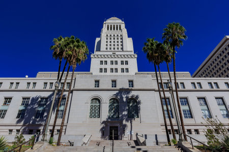Morning view of the Los Angeles City Hall with palm treeのeditorial素材