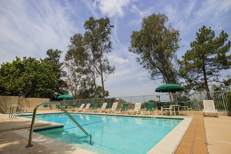 Afternoon view of a swimming pool with no people at Los Angeles, Californiaのeditorial素材