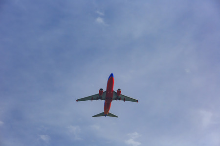 Morning view of airplane flying in the sky towards their destinationのeditorial素材