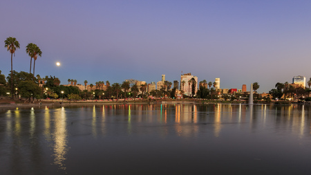 Sunset view of the beautiful MacArthur Park Lake, Los Angeles, Californiaのeditorial素材