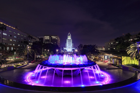 Night view of Los Angeles City Hall and colorful fountainのeditorial素材
