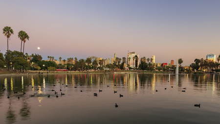 Sunset view of the MacArthur Park Lake, Los Angeles, Californiaのeditorial素材