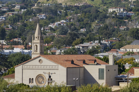 cityscape with LA Full Gospel Church around Barnsdall Art Park, Los Angeles, Californiaの写真素材