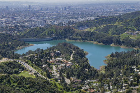 Aerial view of the Reservoir of Los Angeles, Californiaの写真素材