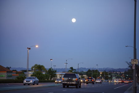 Rowland Heights, MAR 11: Moon and street view on MAR 11, 2017 at Rowland Heights, Los Angeles county, Californiaのeditorial素材