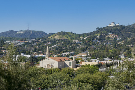 Los Angeles, MAR 9: Beautiful cityscape with LA Full Gospel Church, Hollywood sign and Griffith Observatory around Barnsdall Art Park on MAR 9, 2017 at Los Angeles, Californiaのeditorial素材