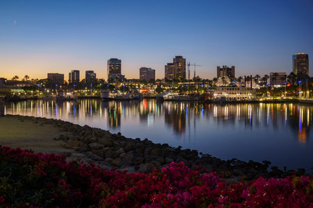 Beautiful night scene around Rainbow Harbor, Long Beach, California, U.S.A.のeditorial素材