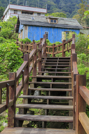 The famous Jimmy blue wooden house at Fenqihu area, Taiwan. It's a movie scenario of the film "The Starry Starry Night" at Taiwan.のeditorial素材