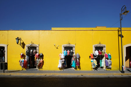 Cholula, FEB 18: The yellow vivid street on FEB 18, 2017 at Cholula, Mexicoのeditorial素材