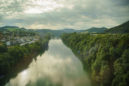 Morning river rural scene near Zurich, Switzerlandの写真素材