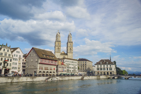 Afternoon cityscape with  Limmat river of the historical Zurich city, Switzerlandのeditorial素材