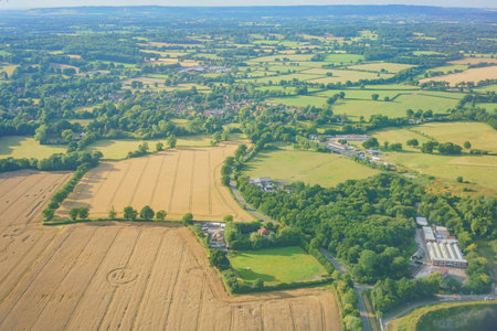 Aerial rural landscape near Gatwick Airport, West Sussex, United Kingdomの写真素材