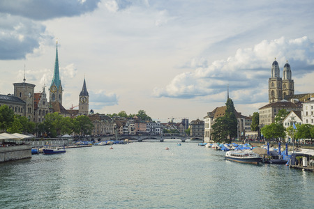 Afternoon cityscape with Limmat river of the historical Zurich city, Switzerlandのeditorial素材
