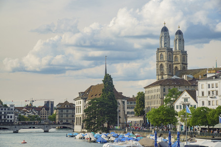 Afternoon cityscape with Great Minster, Limmat river of the historical Zurich city, Switzerlandのeditorial素材