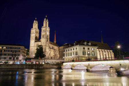 Night cityscape with Limmat river of the historical Zurich city, Switzerlandの写真素材