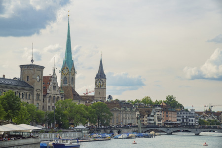 Afternoon cityscape of Women's Minster, Zurich, Switzerlandのeditorial素材