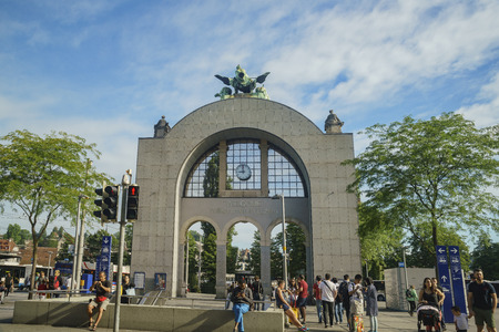 Lucerne, JUL 16: The historical train station on JUL 16, 2017 at Lucerne, Switzerlandのeditorial素材