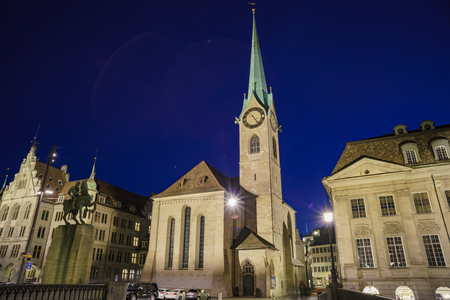 Zurich, JUL 15: Night cityscape of Women's Minster on JUL 15, 2017 at Zurich, Switzerlandのeditorial素材