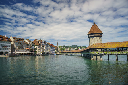 Lucerne, JUL 16: The beautiful Chapel Bridge and cityscape on JUL 16, 2017 at Lucerne, Switzerlandのeditorial素材