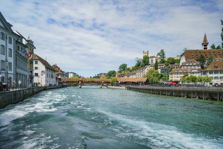 Lucerne, JUL 16: The historical Spreuer Bridge on JUL 16, 2017 at Lucerne, Switzerlandのeditorial素材