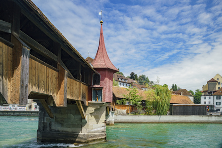 Lucerne, JUL 16: The historical Spreuer Bridge on JUL 16, 2017 at Lucerne, Switzerlandのeditorial素材