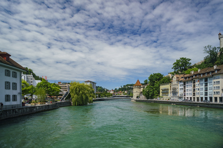 Lucerne, JUL 16: The historical Spreuer Bridge on JUL 16, 2017 at Lucerne, Switzerlandのeditorial素材