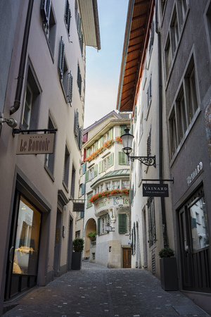 Zurich, JUL 15: Beautiful and historical old street on JUL 15, 2017 at Zurich, Switzerlandのeditorial素材