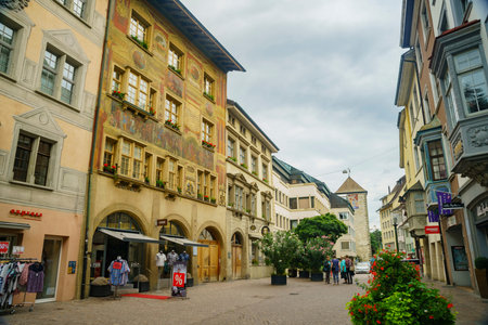 Schaffhausen, JUL 15: The historical House to the Great cage, old down and street on JUL 15, 2017 at...