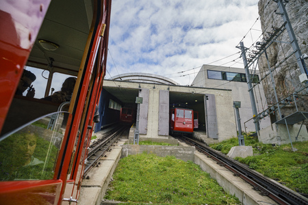 Lucerne, JUL 16: The Mount Pilatus train station on JUL 16, 2017 at Lucerne, Switzerlandのeditorial素材