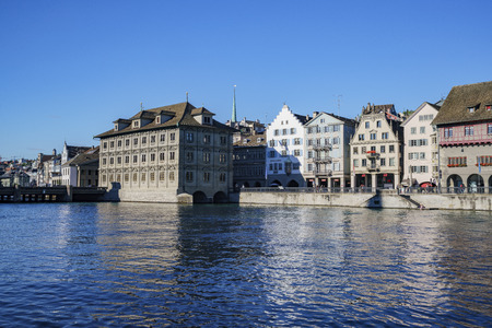 Zurich, JUL 16: Afternoon cityscape with Limmat river on JUL 16, 2017 at the historical Zurich city, Switzerlandのeditorial素材